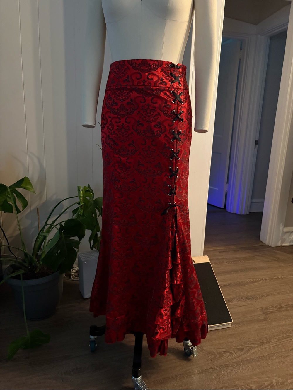 Red Brocade Lace-Up Mermaid Maxi Skirt